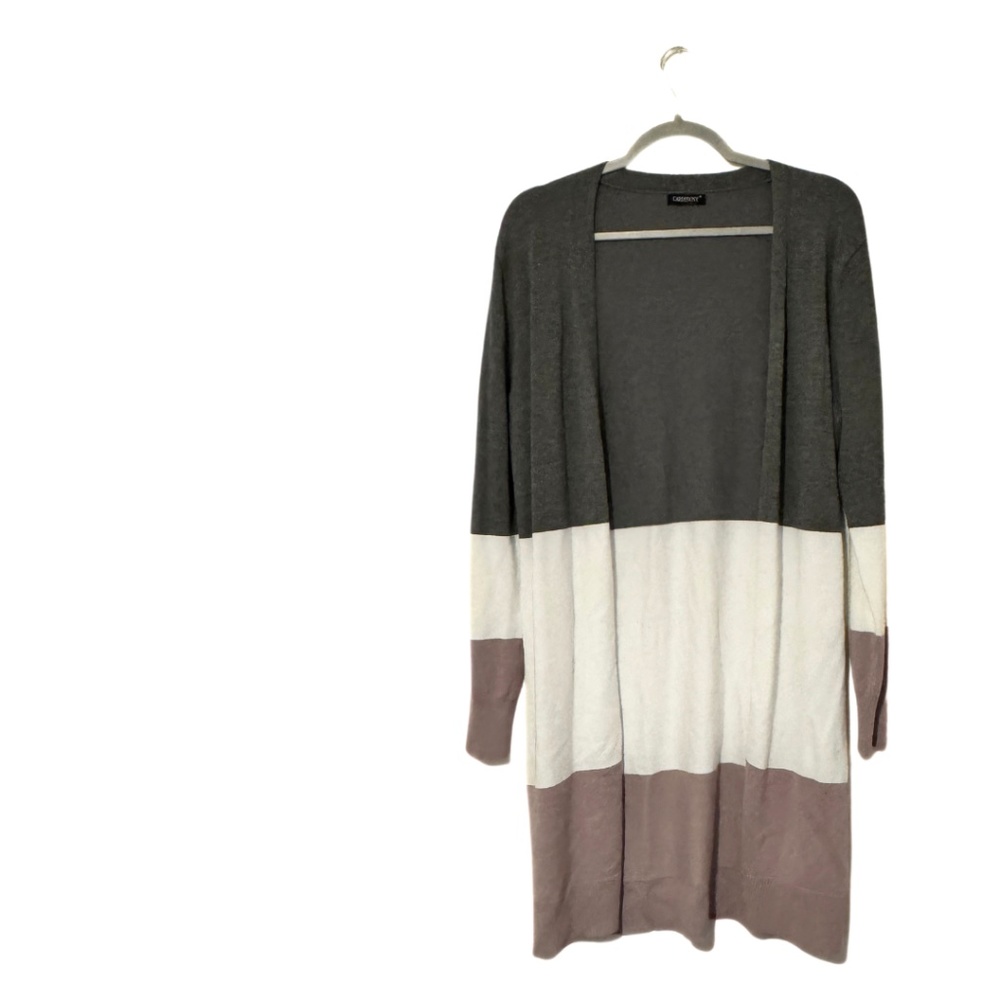 Long Thick Stripped Carnigan Sweater Gray Purple & White